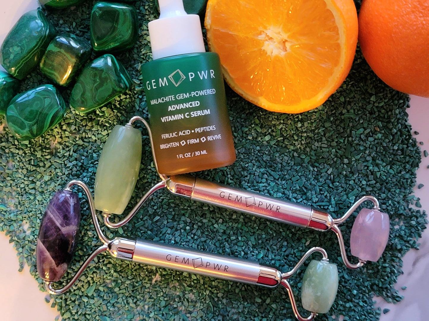 GEM PWR Rose Quartz + Jade Roller for Face and Neck Massage, Dual Gemstones with Durable Steel Handle and Travel Bag. Minimize Wrinkles, Reduce