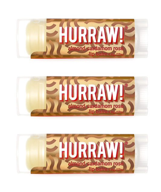 Hurraw! Almond, Cardamom, Rose (Vata) Lip Balm, 3 Pack: Organic, Certified Vegan, Cruelty and Gluten Free. Non-GMO, 100% Natural Ingredients. Bee