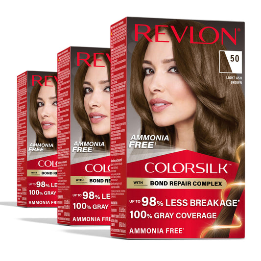 Revlon ColorSilk with Bond Repair Complex, Brown Permanent Hair Color, 100% Gray Coverage, Ammonia Free Hair Dye, Vegan Keratin, 50 Light Ash Brown