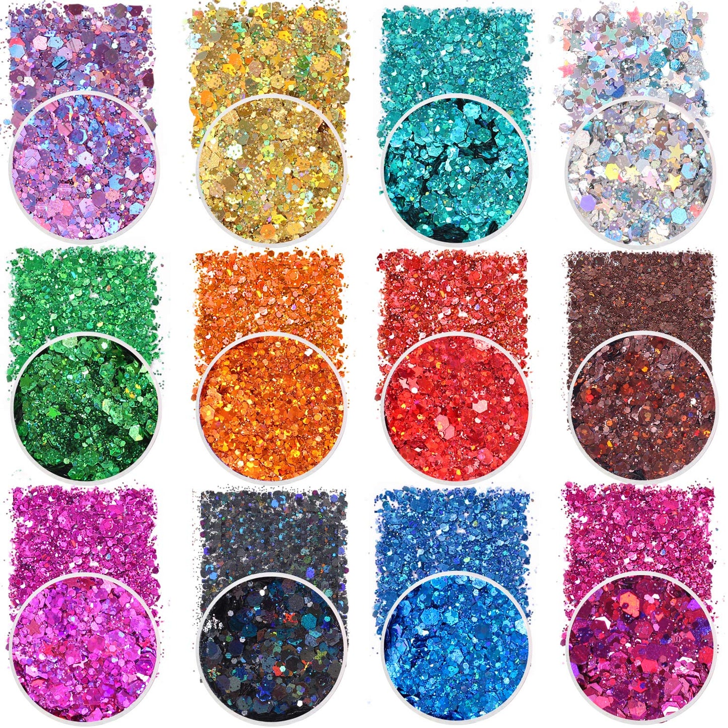 Holographic Chunky Glitter Sequins, 12 Colors Mixed Cosmetic Glitter for Face Body Eye Hair Nail Art Lip Gloss Makeup, Festival Glitter with Different