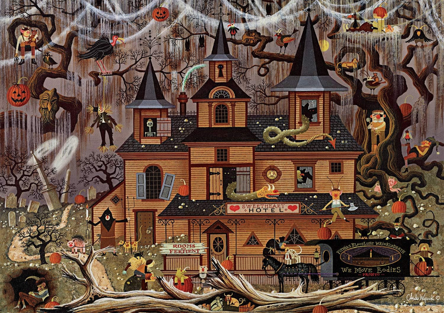Buffalo Games 500-Piece Puzzle – Charles Wysocki Trick or Treat Hotel – Challenging Adult Jigsaw, 21.25" x 15", Game Night Fun