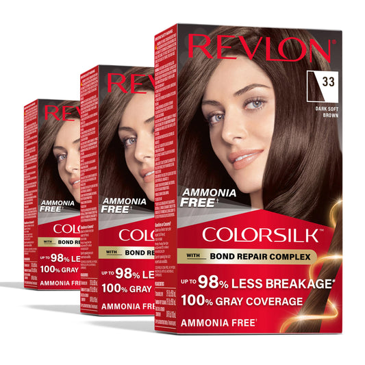 Revlon ColorSilk with Bond Repair Complex, Brown Permanent Hair Color, 100% Gray Coverage, Ammonia Free Hair Dye, Vegan Keratin, 33 Dark Soft Brown