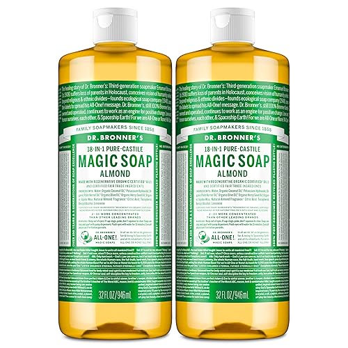 Dr. Bronner's Pure-Castile Magic Liquid Soap (Almond, 32 Ounce, 2-Pack)- Made with Regenerative Organic Certified Oils, 18-in1 Uses: Face, Hair, Hand