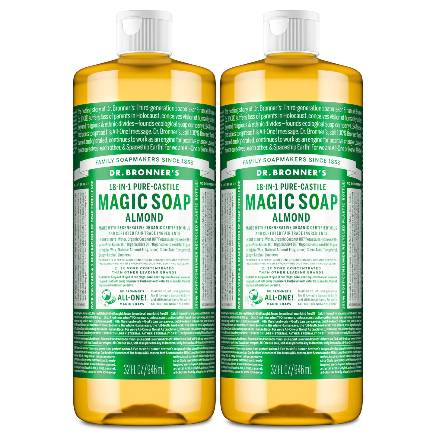 Dr. Bronner's Pure-Castile Magic Liquid Soap (Almond, 32 Ounce, 2-Pack)- Made with Regenerative Organic Certified Oils, 18-in1 Uses: Face, Hair, Hand