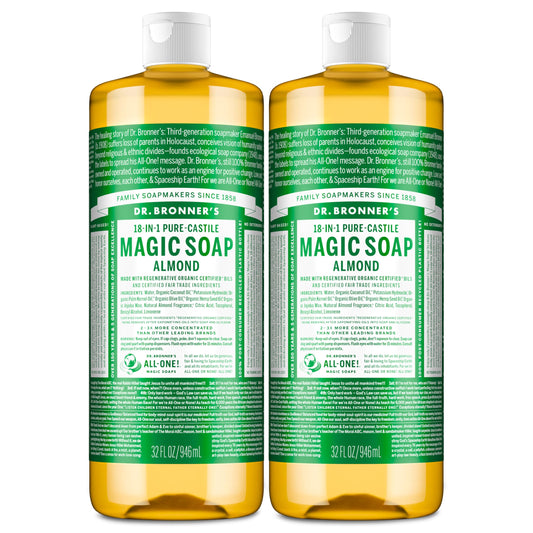 Dr. Bronner's Pure-Castile Magic Liquid Soap (Almond, 32 Ounce, 2-Pack)- Made with Regenerative Organic Certified Oils, 18-in1 Uses: Face, Hair, Hand