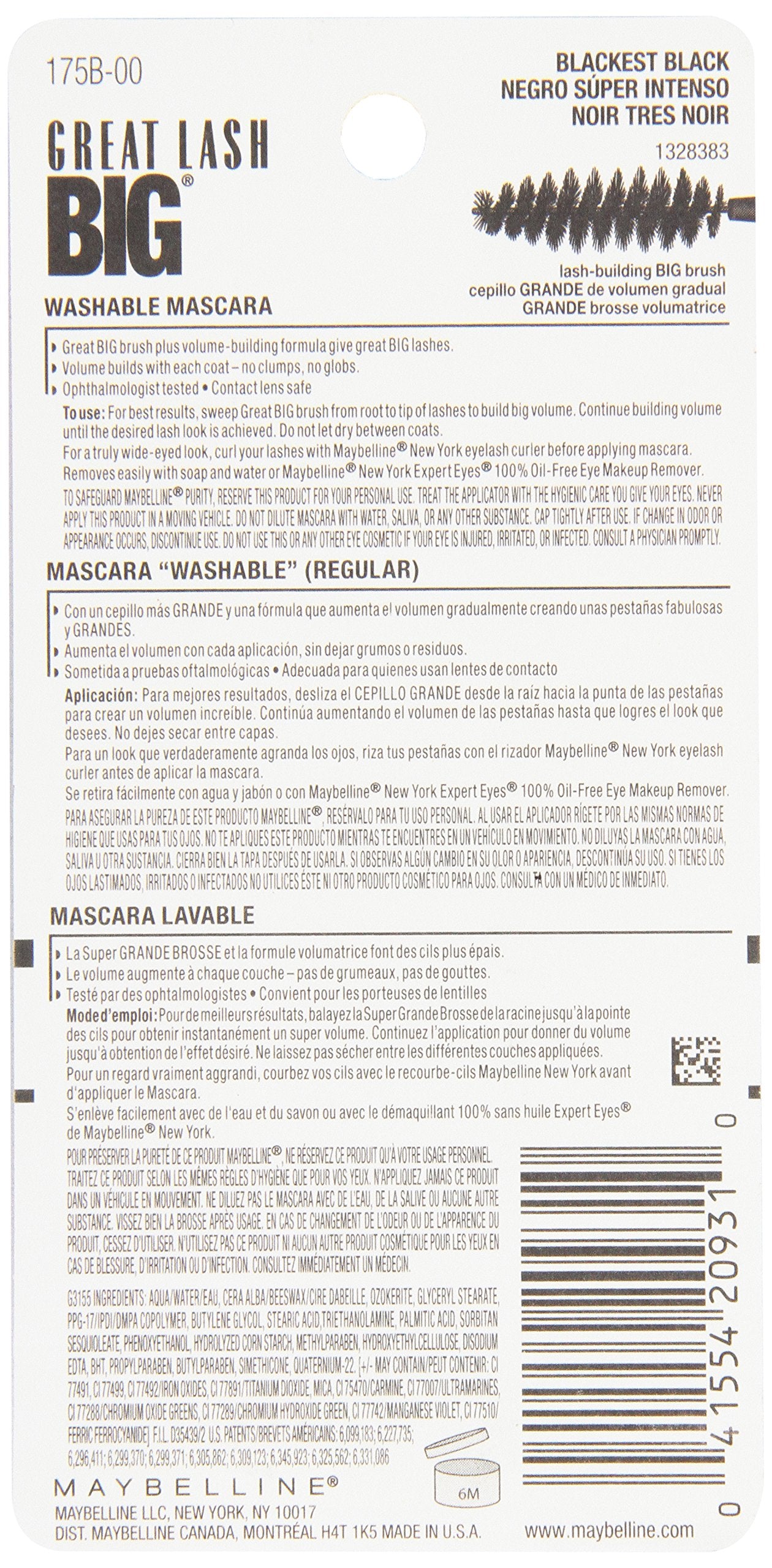Maybelline New York Great Lash Big Washable Mascara, Blackest Black 130, 0.34 Fluid Ounce