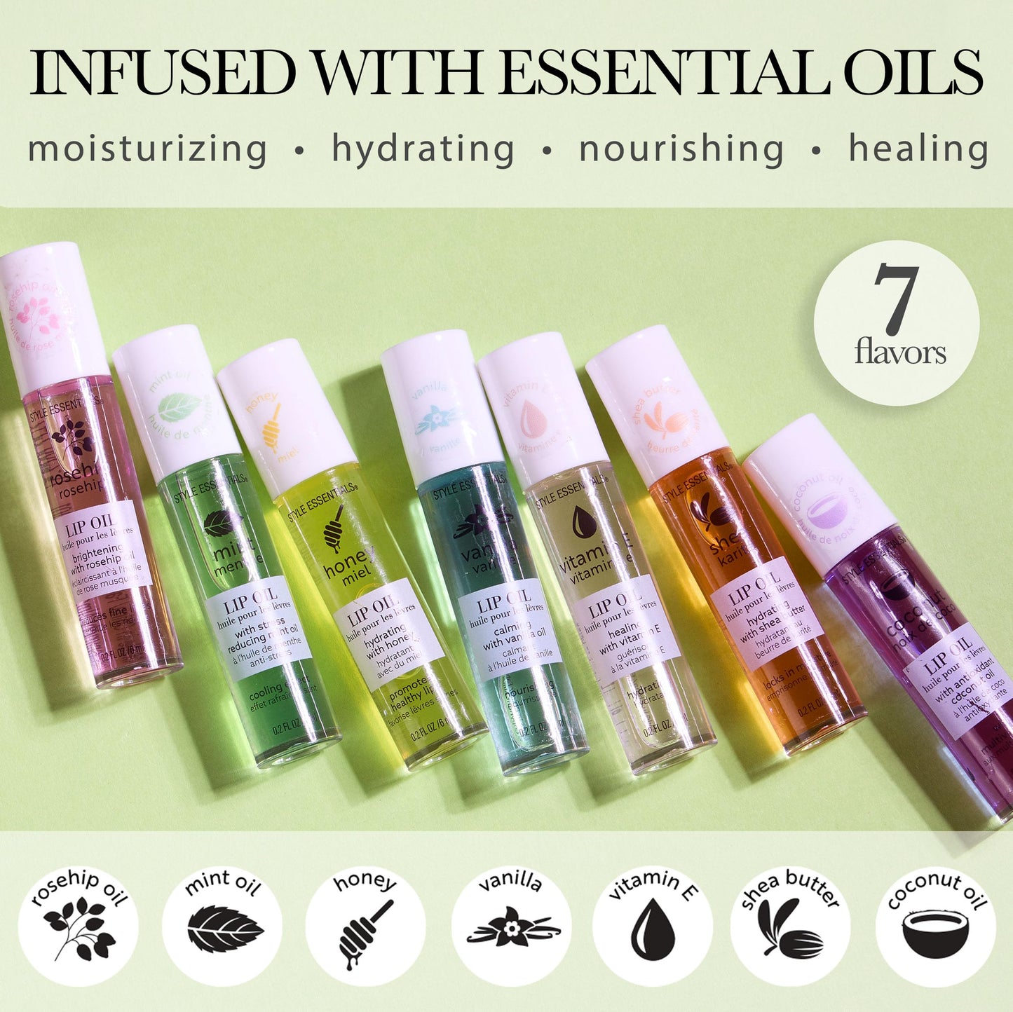 EXPRESSIONS 7pc Lip Oil Collection with Essential Oils - Hydrating Roll On Lip Oils Infused w/Natural Healing Essential Oils - Rollerball Lip Oils