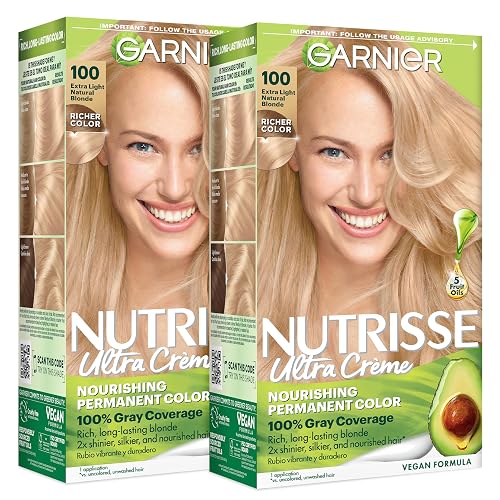 Garnier Nutrisse Ultra Crème Hair Color, Permanent Hair Dye with 100% Gray Coverage, Vegan & Cruelty-Free, 100 Extra-Light Natural Blonde (Chamomile)