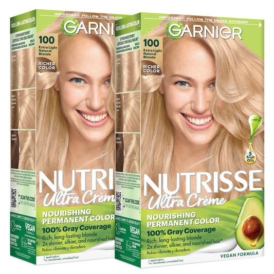 Garnier Nutrisse Ultra Crème Hair Color, Permanent Hair Dye with 100% Gray Coverage, Vegan & Cruelty-Free, 100 Extra-Light Natural Blonde (Chamomile) Beauty & Personal Care Garnier