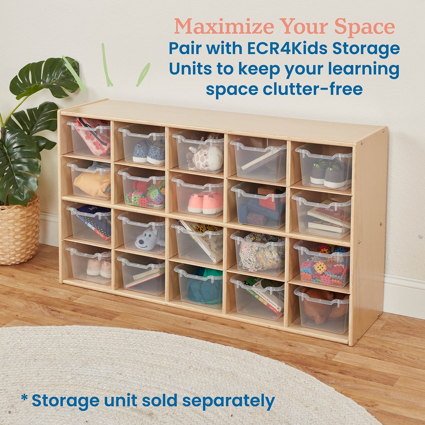 ECR4Kids Scoop Front Storage Bin, Multipurpose Organization, Clear, 20-Piece