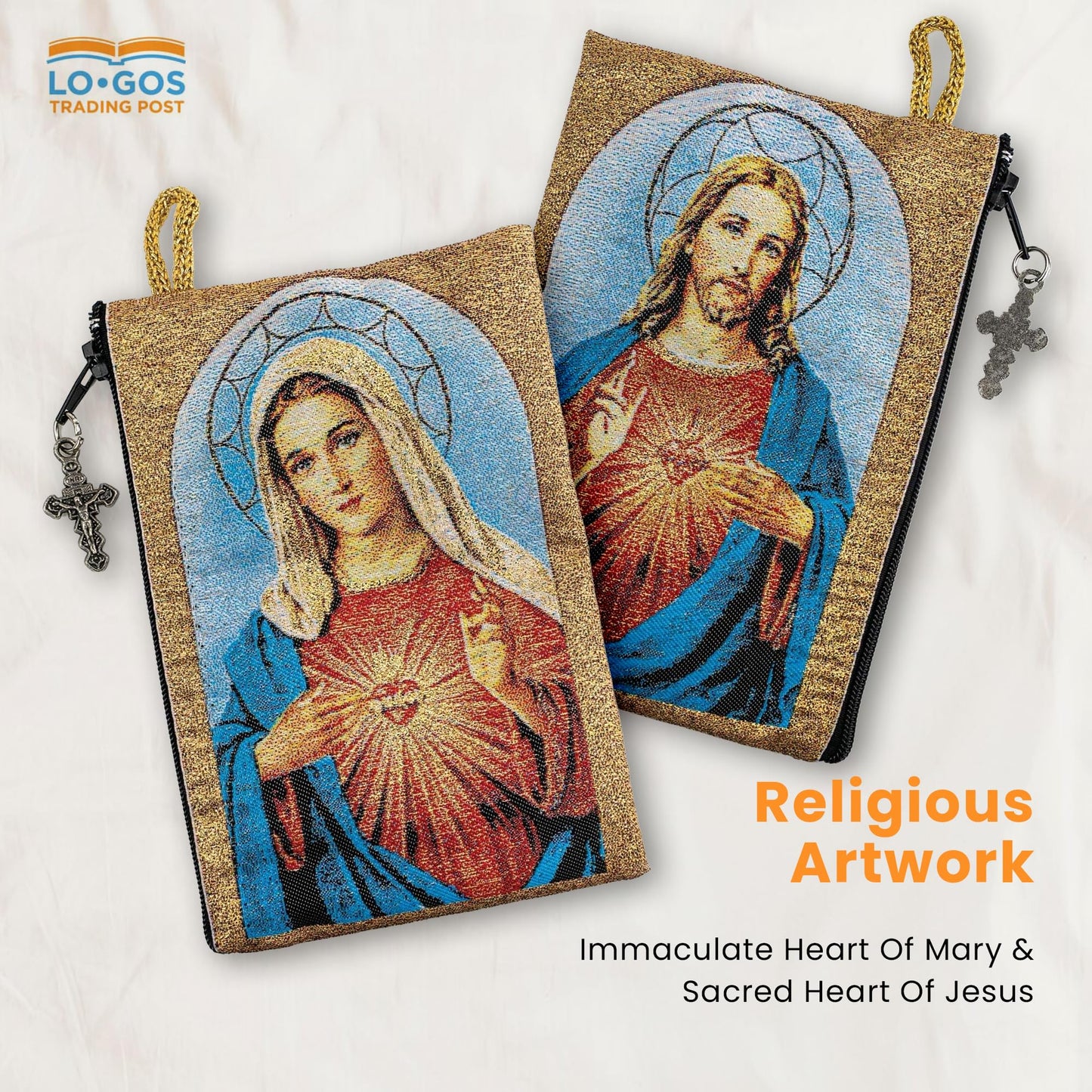 catholic rosary pouch, immaculate heart of mary & sacred jesus, 4" x 6" jewelry coin purse with cross, small woven tapestry icon bag, bolsa de…