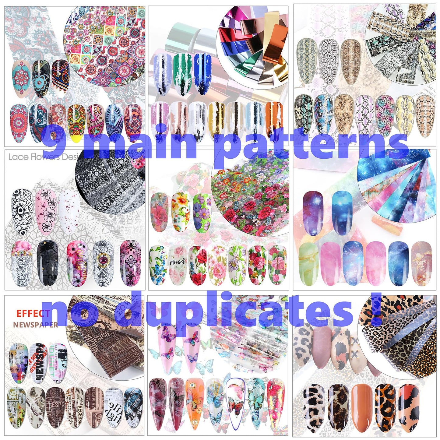 Bagvhandbagro 100 Sheets Nail Foil Transfer Sticker Kit, Art Decals Tips Starry Sky Laser Flower Leopard Print DIY Decorations Supplies Design