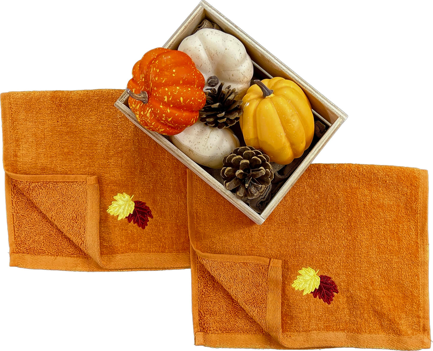 Fall Bathroom Leaf Fingertip Towels: Embroidered Gold Burgundy Leaves on Rust Orange, 2 Piece Bath Set, 12 x 18 Inches Each