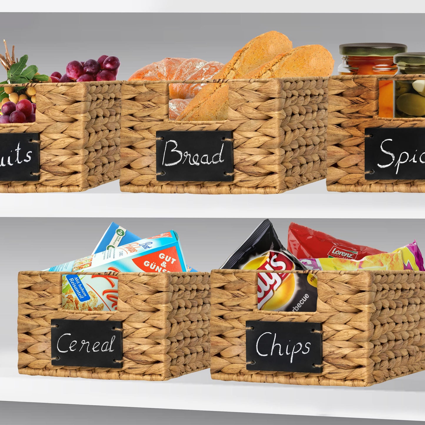 BARIEN 6 Pcs 12" x 9" x 6" Natural Water Hyacinth Woven Storage Baskets, Rectangular Wicker Basket with Built-in Handles, Woven Cube Storage Bin…