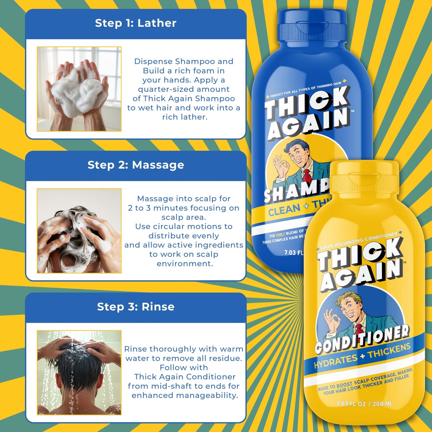Thick Again Men's Hair Thickening Shampoo & Conditioner System with TrioCore Scalp Care Technology - Natural Solution for Fuller, Thicker-Looking Hair