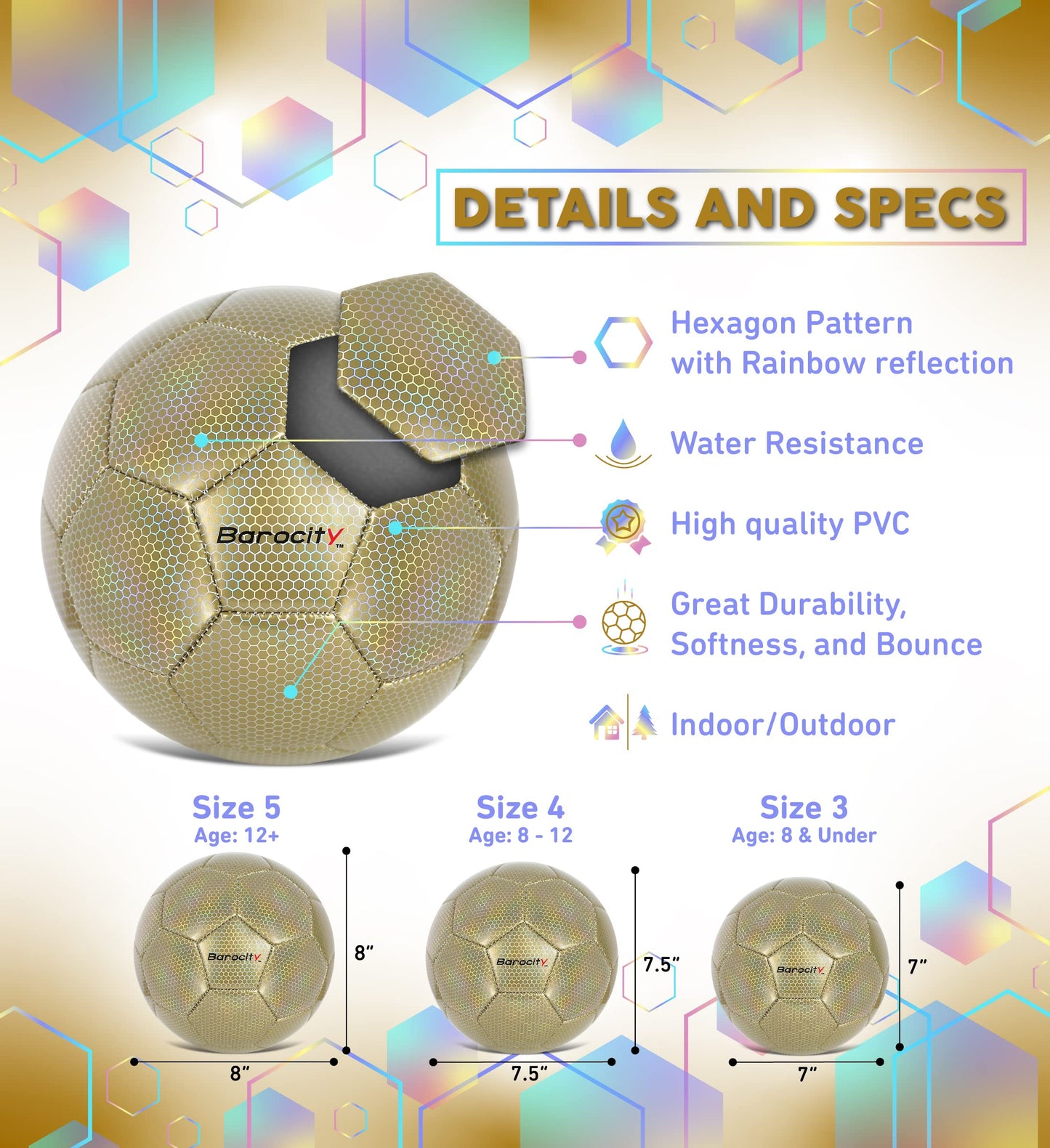 Barocity Classic Gold Size 4 Soccer Ball - Premium Outdoor and Indoor Ball with Reflective Iridescent Rainbow Hex Pattern, Perfect for Boys and Girls…