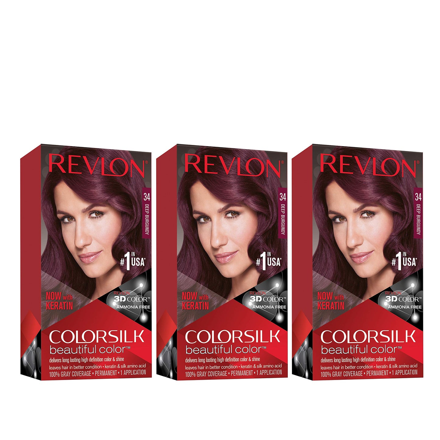 Revlon Permanent Hair Color, Permanent Hair Dye, Colorsilk with 100% Gray Coverage, Ammonia-Free, Keratin and Amino Acids, 34 Deep Burgandy, 4.4 Oz