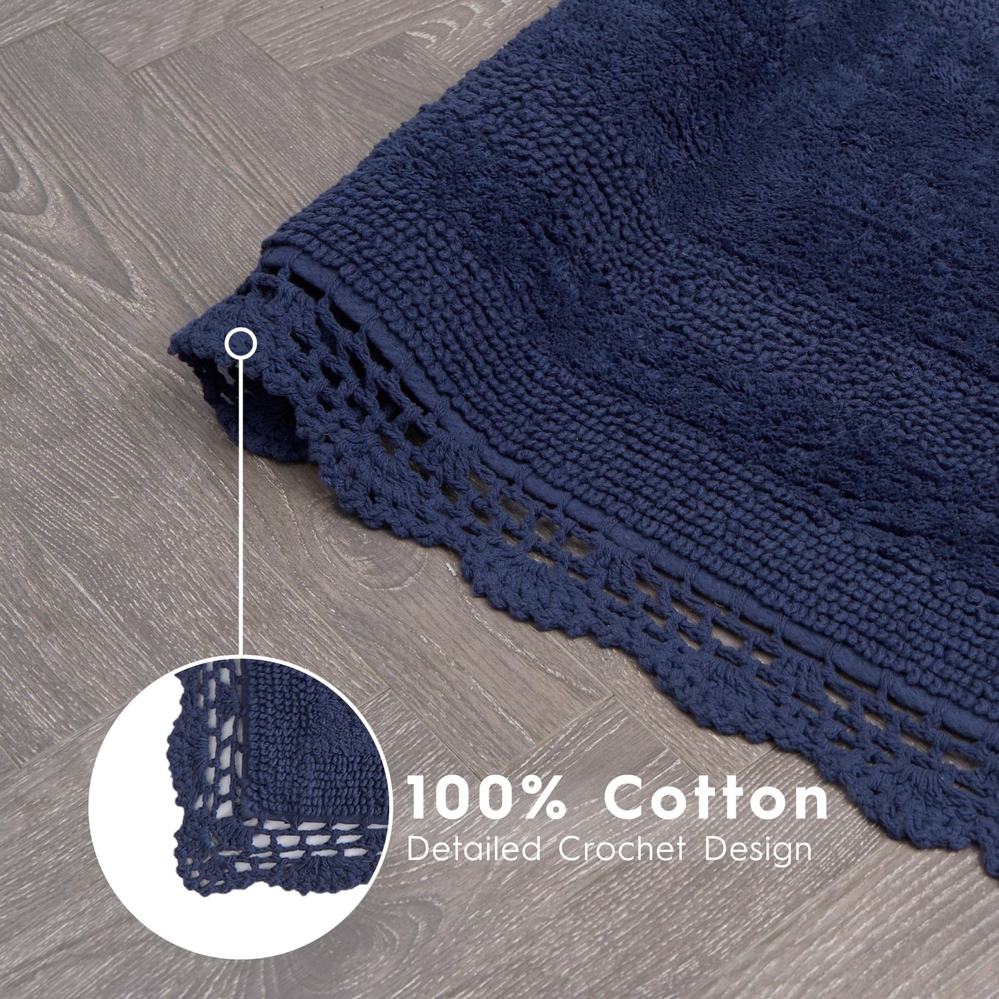 Laura Ashley Absorbent Bath Mat Reversible Crochet Soft and Plush Bathroom Mat 100% Cotton 17x24 Bath Rug, Indigo Blue