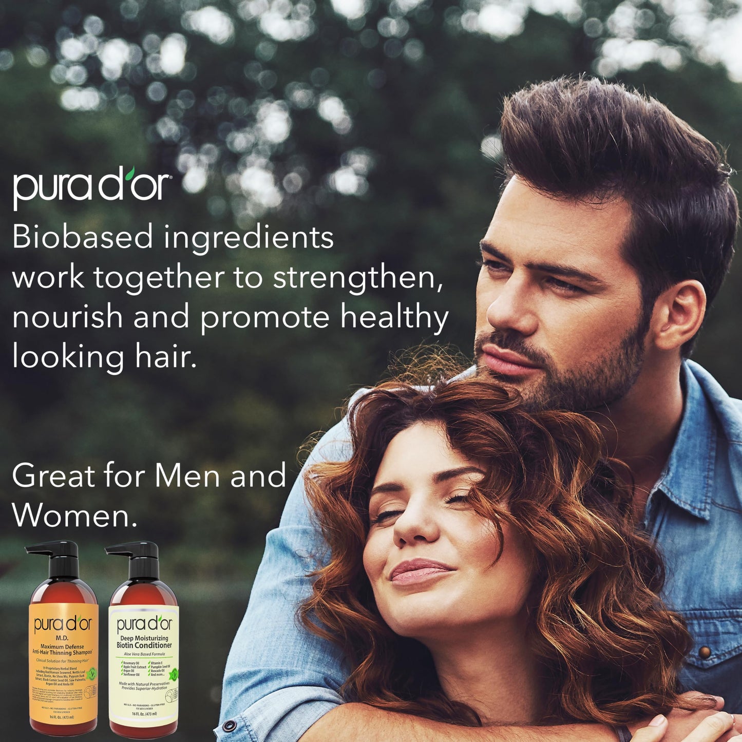 PURA D'OR MD Anti-Thinning Biotin Shampoo & Conditioner Set 16oz x2 – Coal Tar Herbal Blend for Thicker Hair & Scalp Health, Men & Women