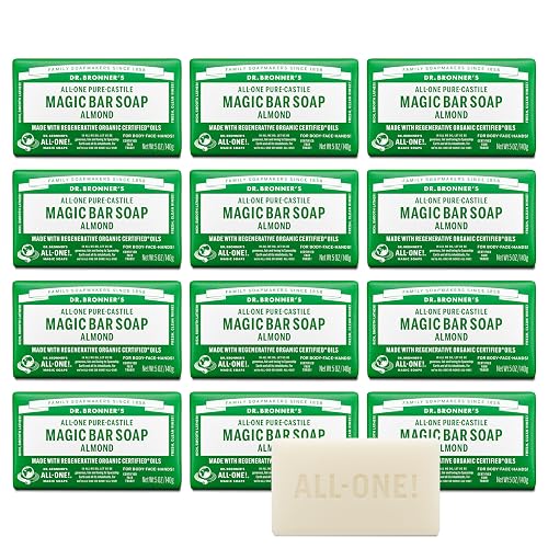 Dr. Bronner's Pure-Castile Magic Bar Soap (Almond, 5 ounce, 12-Pack)-Made with Regenerative Organic Certified Oils, For Face, Body, Hair, Gentle