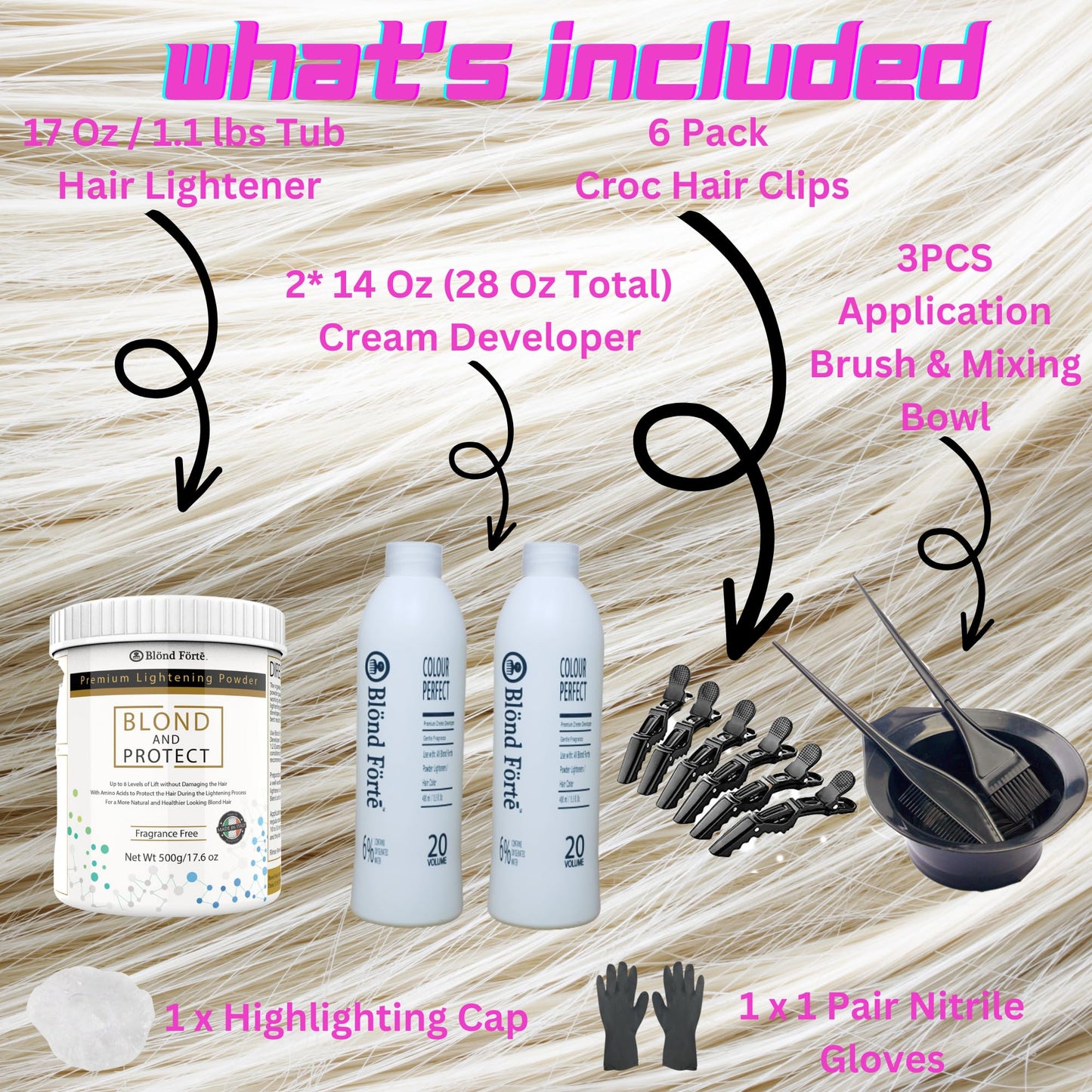 1 Lbs/17 Oz Tub Blond And Protect Premium Hair Lightener 8+ Levels + 13.5 Oz/400 ml Developer Volume & Hair Coloring Brush (Bundle - 5 items) (20