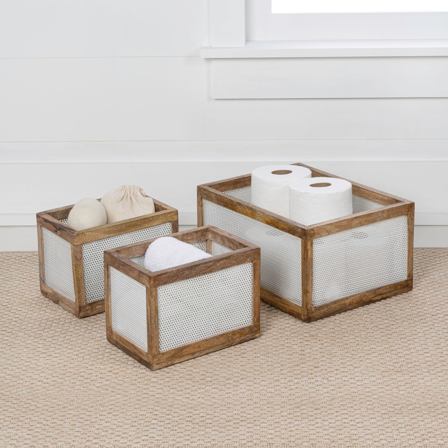 happimess BSK3005A-3SET Fallon Modern Minimalist Wooden Metal Nesting Storage Baskets for Shelves, Cabinets, Pantry, Countertop, Mesh Open Bin Basket…
