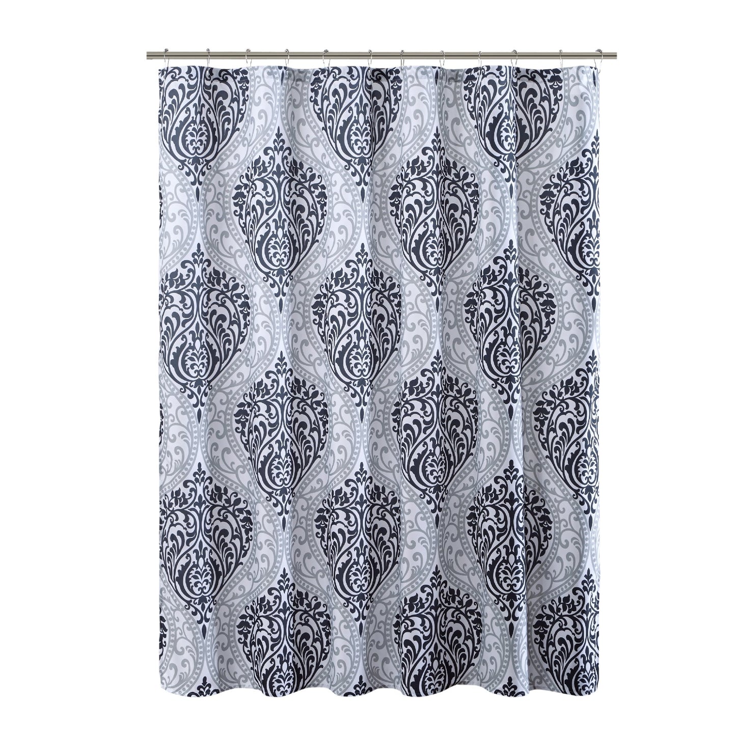Comfort Spaces Coco Bathroom Shower Curtain Printed Damask Pattern Modern Cute Microfiber Fabric Bath Curtains, 72"x72", Black (CS70-0682)