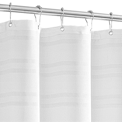 TURKIO White Waffle Shower Curtain, Waffle Weave Striped Shower Curtain Hotel Luxury White Fabric Shower Curtains for Bathroom