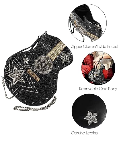 Mary Frances Superstar Beaded Handbag Guitar Glam Crossbody Bag, Black