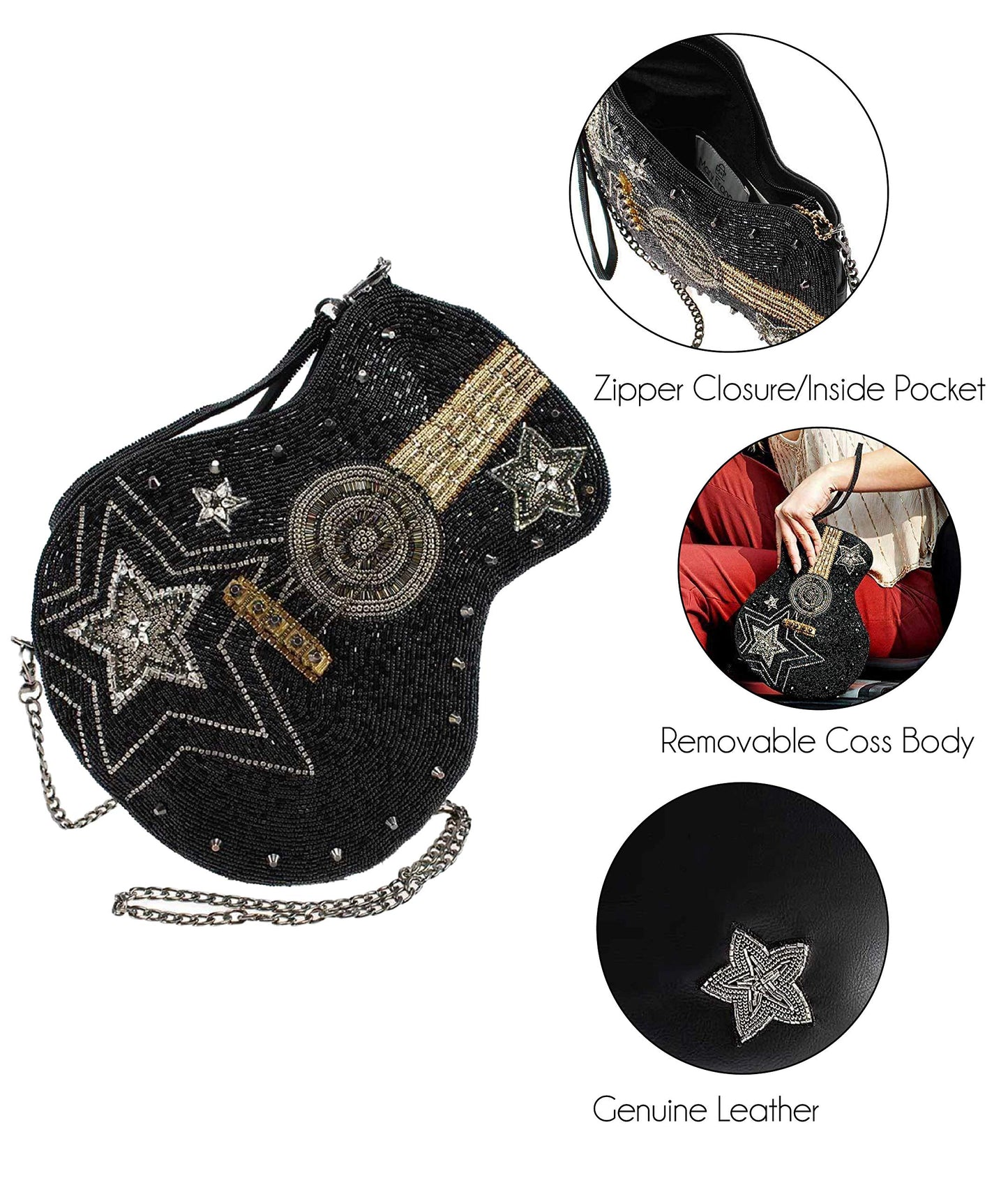 Mary Frances Superstar Beaded Handbag Guitar Glam Crossbody Bag, Black