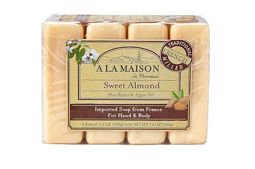 A LA MAISON Sweet Almond Bar Soap - Triple French Milled Unscented Natural Moisturizing Hand Soap Bar (4 Bars of Soap, 3.5 oz)