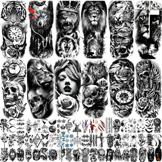 JEEFONNA 82 Sheets Temporary Tattoo for Men Women Adults, Include 12 Sheets Black 3D Half Sleeve Temporary Tattoos, Halloween Tattoos Scary Lion Wolf Beauty and Personal Care JEEFONNA Default Title