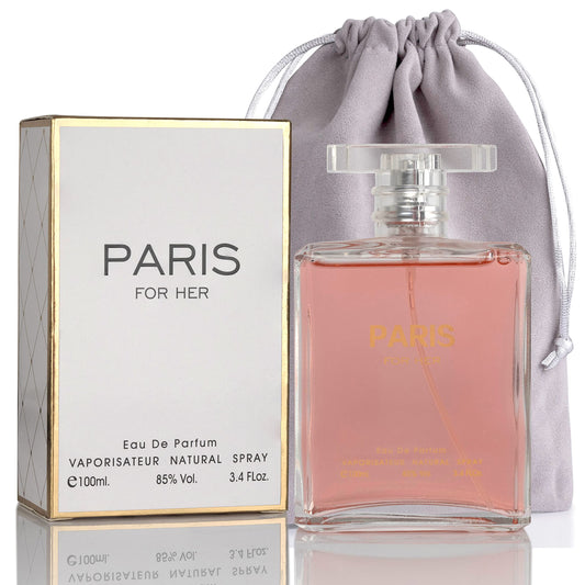 NovoGlow Paris For Her Eau de Parfum Spray Perfume, Fragrance For Women-Daywear, Casual Daily Cologne Set with Deluxe Suede Pouch- 3.4 Oz Bottle