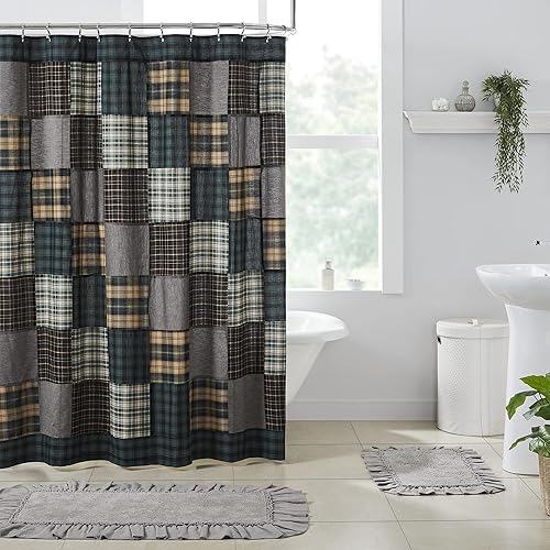 VHC Brands, Pine Grove Plaid Patchwork Shower Curtain, Green, 72x72