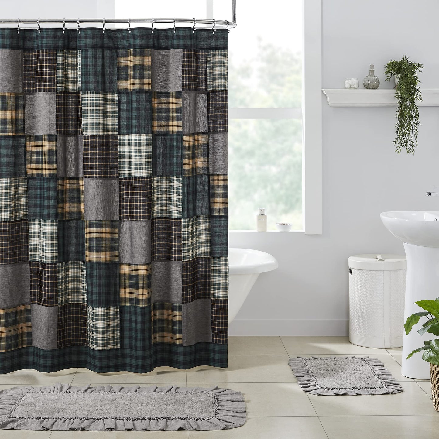VHC Brands, Pine Grove Plaid Patchwork Shower Curtain, Green, 72x72