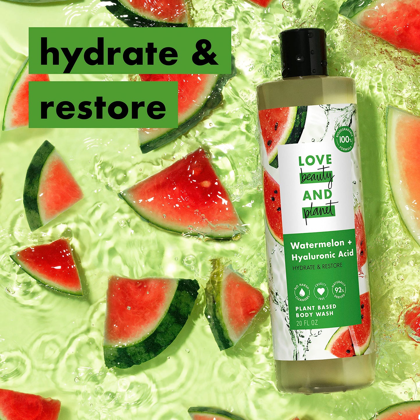 Love Beauty and Planet Plant-Based Body Wash Hydrate and Restore Skin Watermelon and Hyaluronic Acid Made with Plant-Based Cleansers and Skin Care