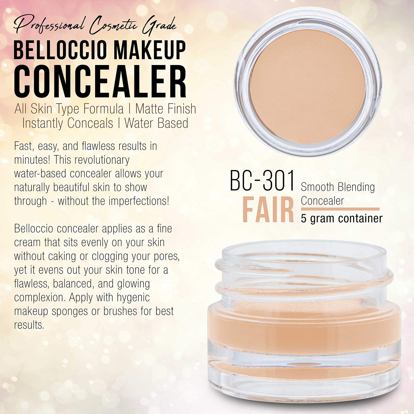 Belloccio High Definition Fair Shade Makeup Concealer 5 gram Jar - Conceal Imperfections, Hide Blemishes, Dark Under Eye Circles, Cosmetic Cream - Use