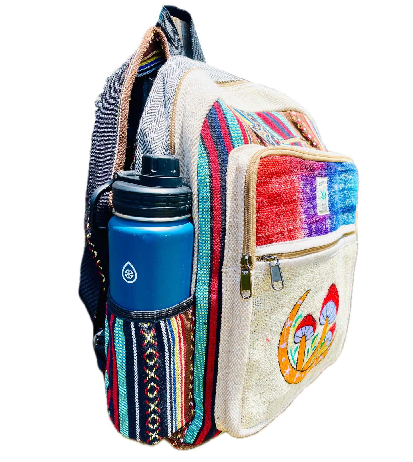 Himalayan Craft Hemp Backpack - Multi-Pocket Travel Bag, Laptop Unisex Pack, Cotton Stripe Nepali Bag for Festival & Hiking (17 Inch, 2 Large + 2 Bottle Pockets)