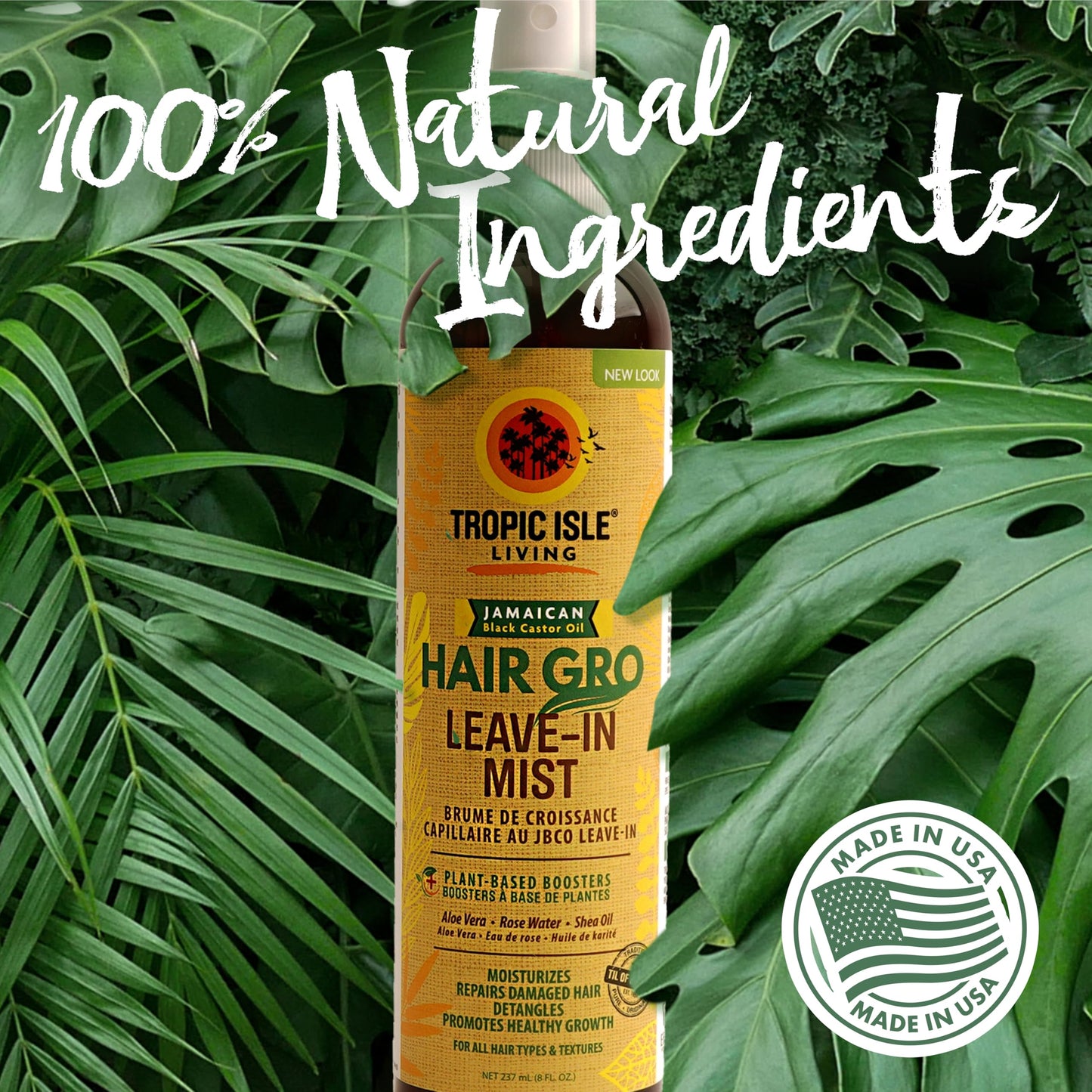 Tropic Isle Living Hair Gro Leave-In Mist 8oz | Jamaican Black Castor Oil with Rose Water, Aloe Vera & Shea Oil Infused | Detangles and Treats Damaged