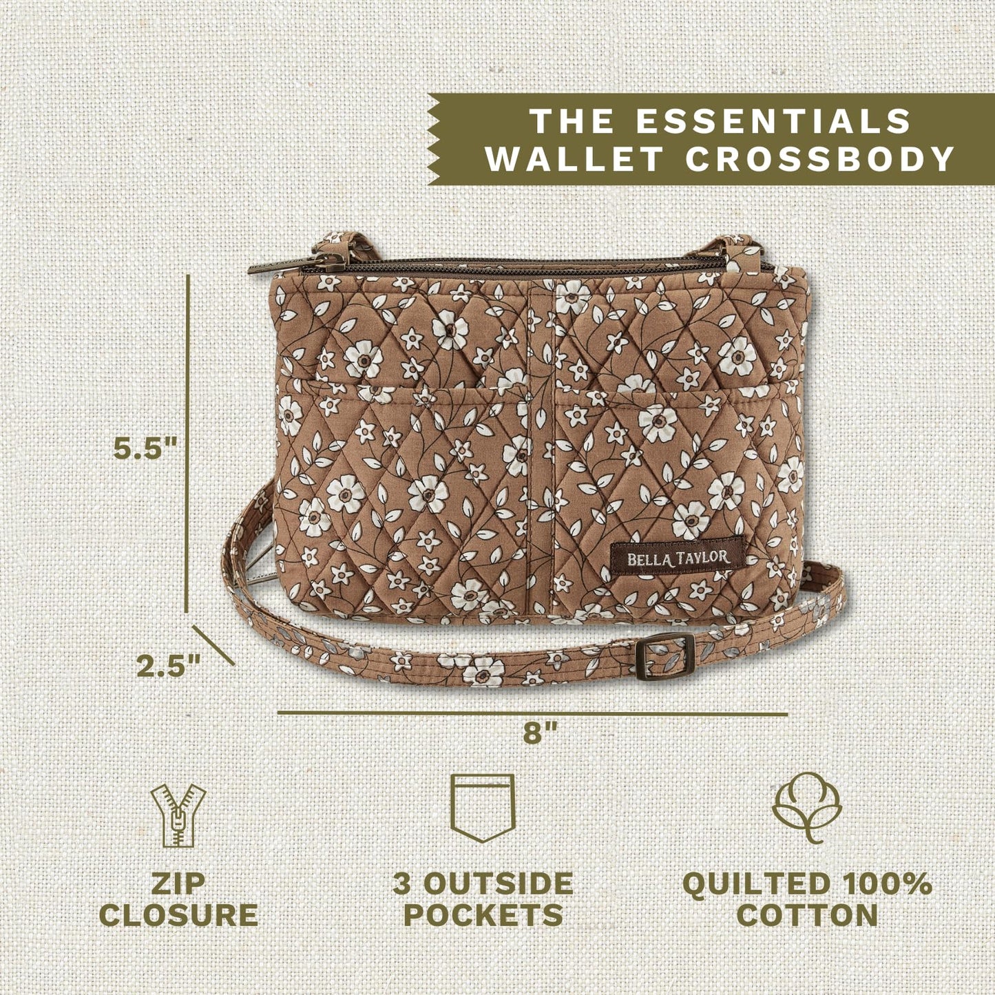 Bella Taylor Essentials Crossbody Purse with Built In Wallet, Quilted Cotton Vintage Vine Brown Floral