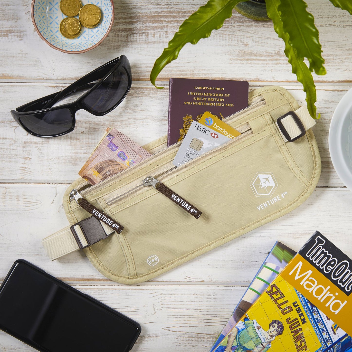 VENTURE 4TH Slim RFID Money Belt – Minimalist Travel Waist Pouch with RFID Blocking Sleeves for Cash, Cards, Passport & Phone, Beige