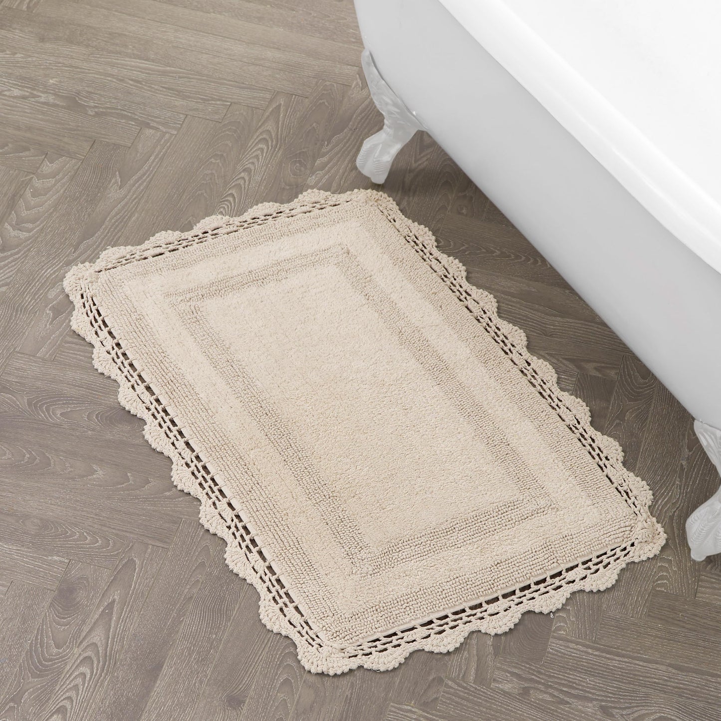 Laura Ashley Absorbent Bath Mat Reversible Crochet Soft and Plush Bathroom Mat 100% Cotton 24x40 Bath Rug, Linen