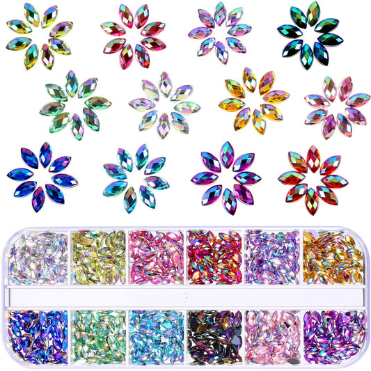 TecUnite 1200 Pieces 12 Colors Shiny Nail Rhinestones Horse Eye Nail Rhinestones Flat Back Gems Decorations Supplies with Box Face Art Gem Jewel