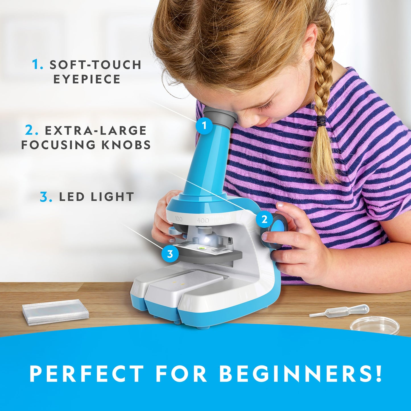 National Geographic Kids Microscope – Easy Science Kit with 400x Zoom, Prepared & Blank Slides, STEM Toy Gift for Ages 6–10, Exclusive