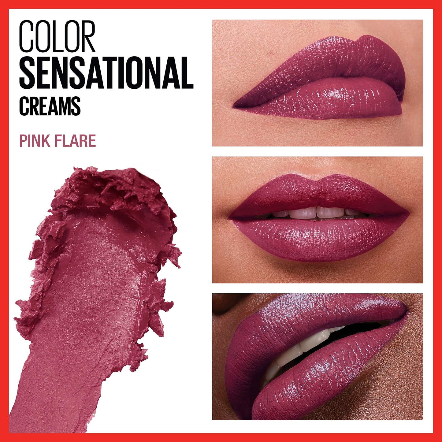 Maybelline Color Sensational Lipstick, Lip Makeup, Cream Finish, Hydrating Lipstick, Nude, Pink, Red, Plum Lip Color, Pink Flare, 0.15 oz; (Packaging