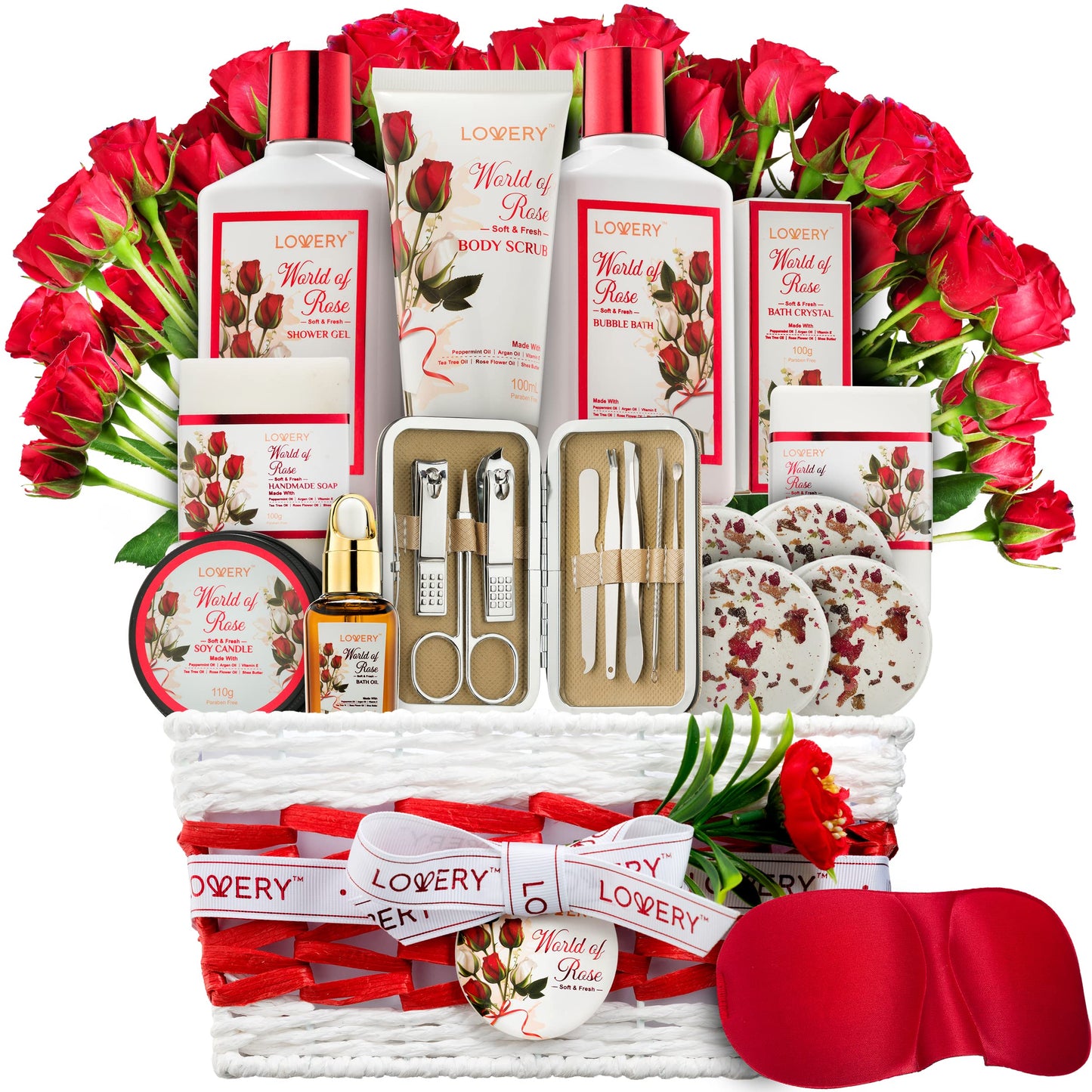 Mothers Day Spa Gifts for Women, Bath and Body Gift Set, Red Rose Gift Basket, 35Piece Stress Relief Spa Kit, Thank You, Birthday, Mom Gifts with Nail