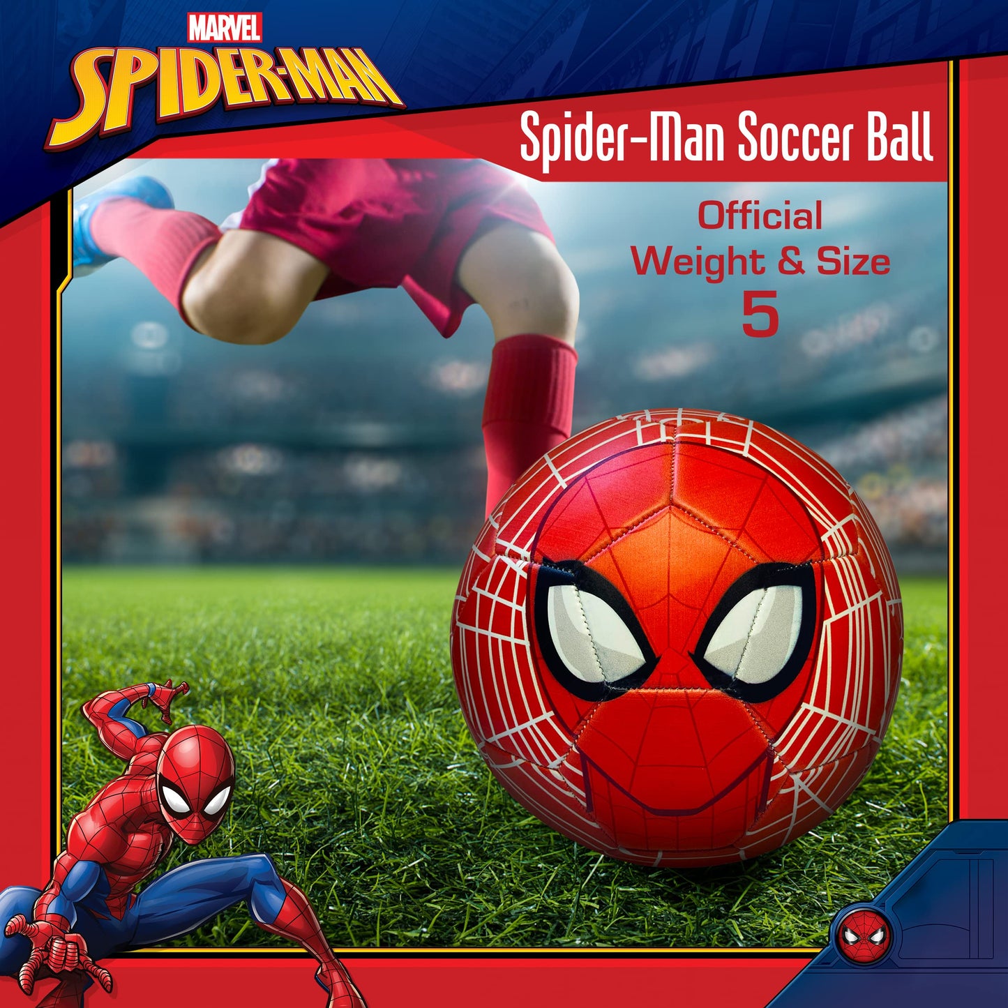 Marvel Spider-Man Soccer Ball, Mask and Webs Design Youth Kids Futbol, Multi, Size 5, Red Combo