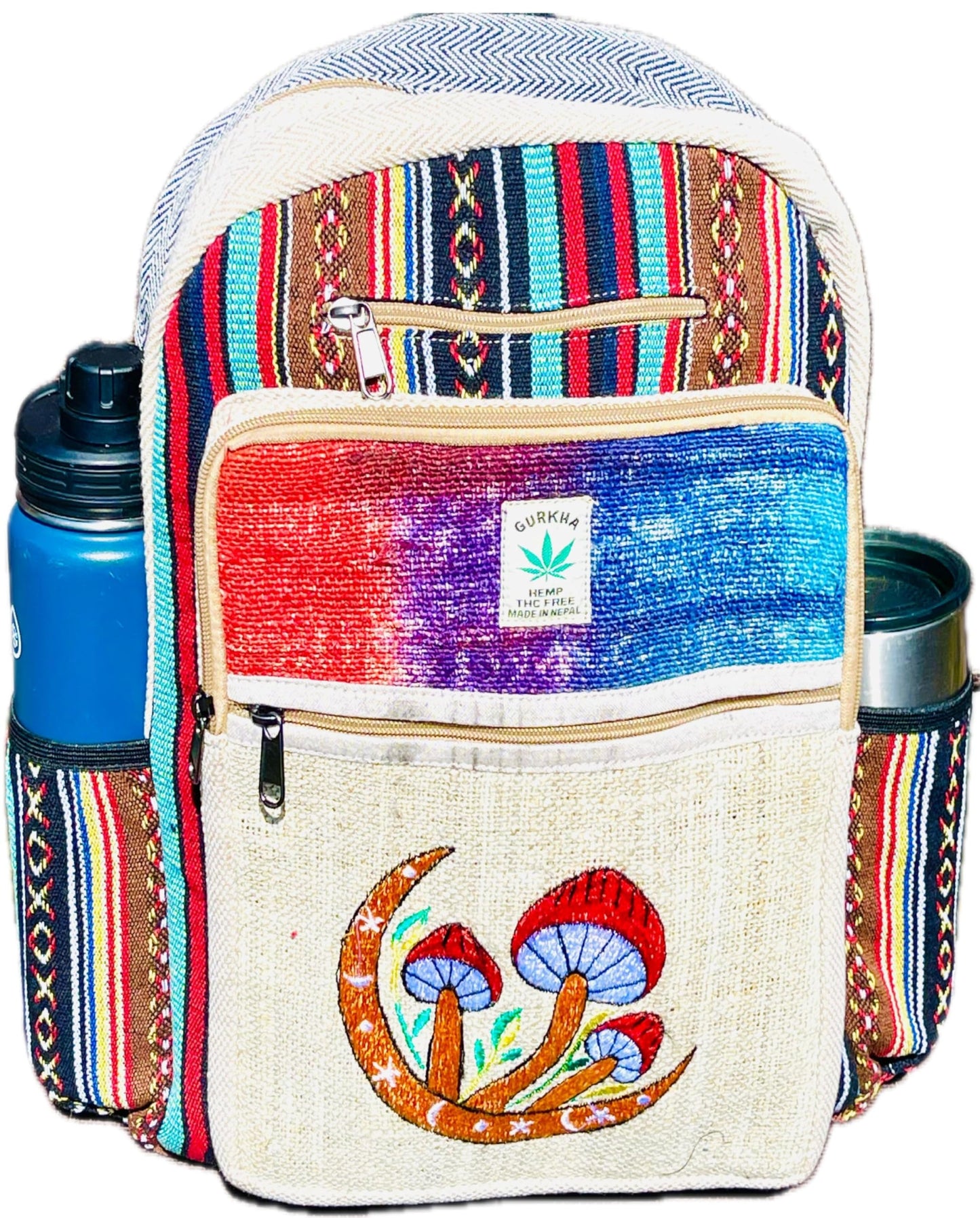 Himalayan Craft Hemp Backpack - Multi-Pocket Travel Bag, Laptop Unisex Pack, Cotton Stripe Nepali Bag for Festival & Hiking (17 Inch, 2 Large + 2 Bottle Pockets)