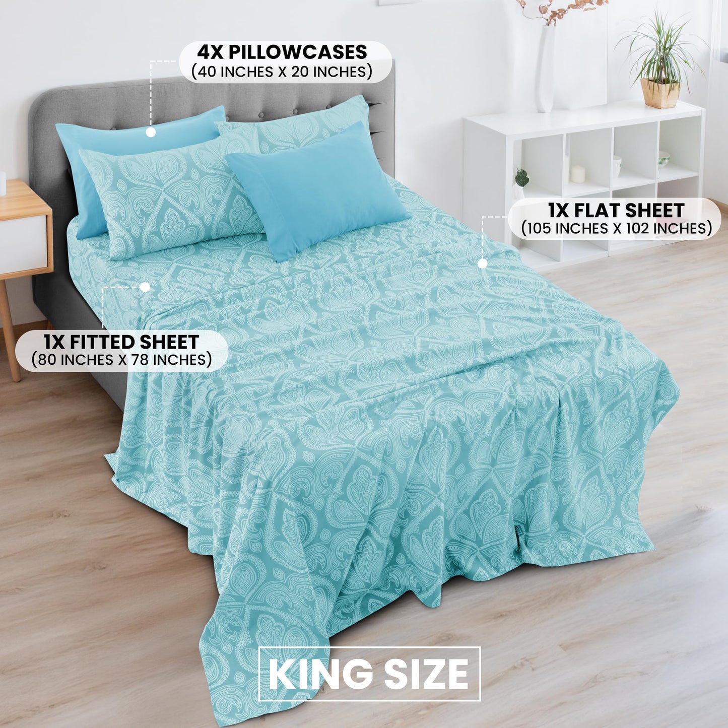 LUX Décor Paisley King Sheet Set - 6 Piece Ultra-Soft Microfiber Bed Sheets with Flat Sheet, 16 Inches Deep Pocket Fitted Sheet & 4 Pillowcases,