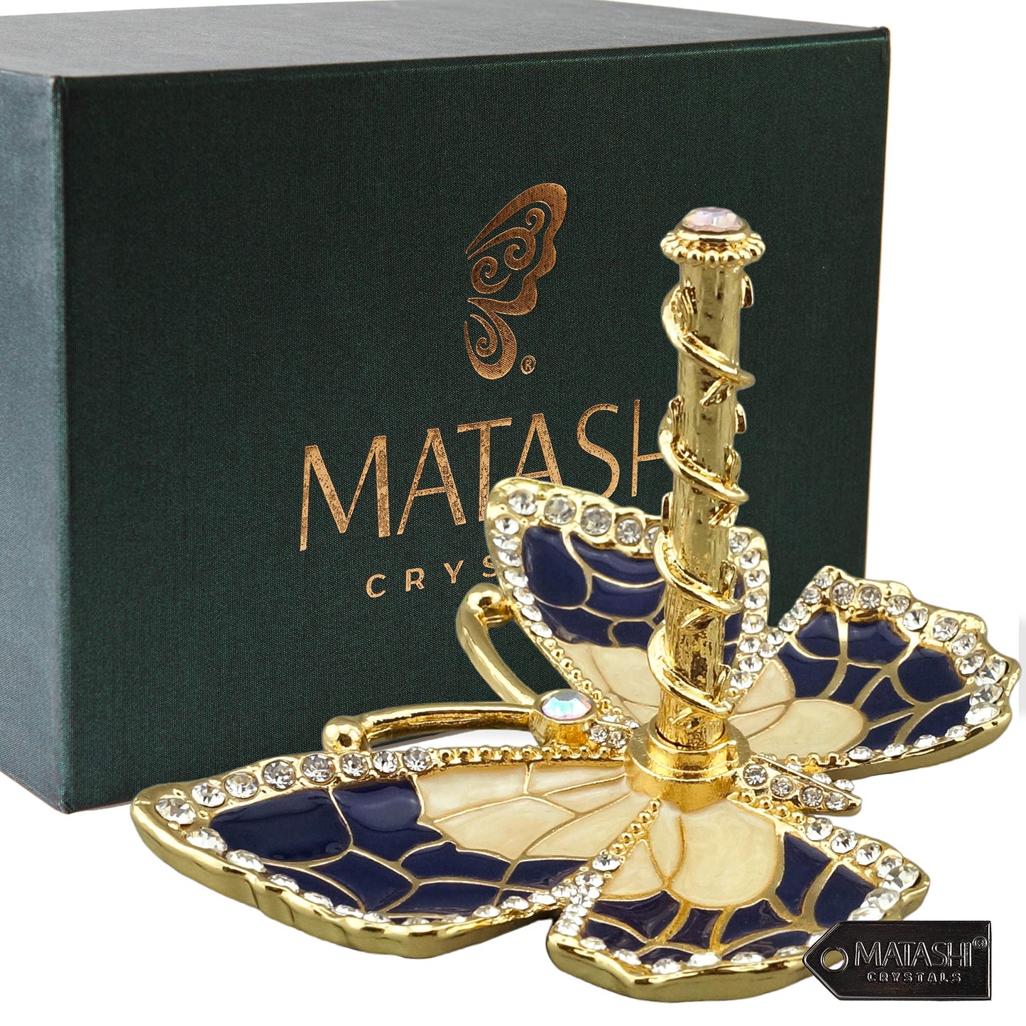 Matashi Gold Plated Butterfly Jewelry Organizer with Blue Enamel & Crystals - Elegant Ring Holder - Ideal Gift for Her on Mother’s Day, Valentine’s…